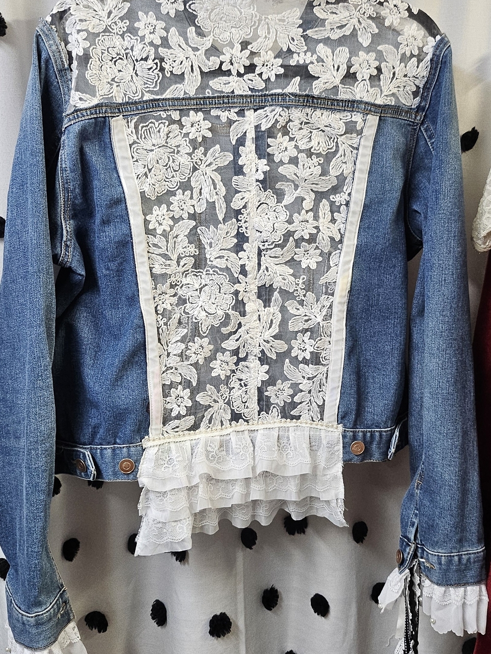 Blue Denim Jacket with White Lace Back and Ruffle Trim